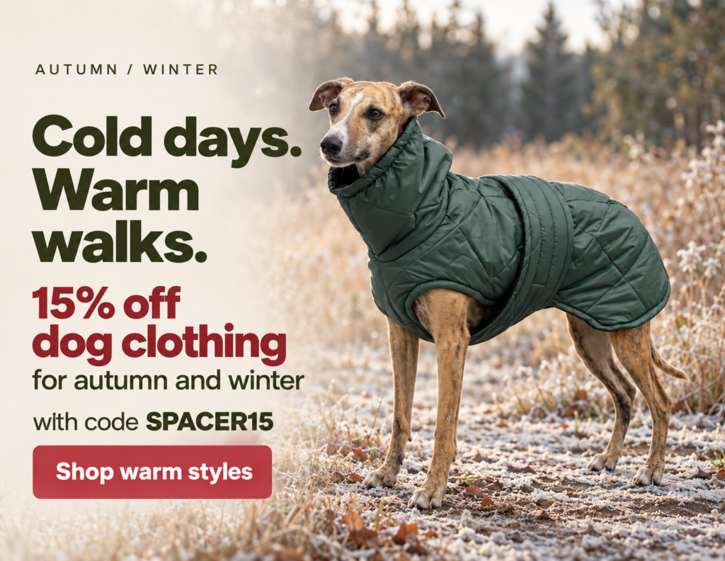 Sighthound in a green winter coat – 15% off dog clothing with code SPACER15