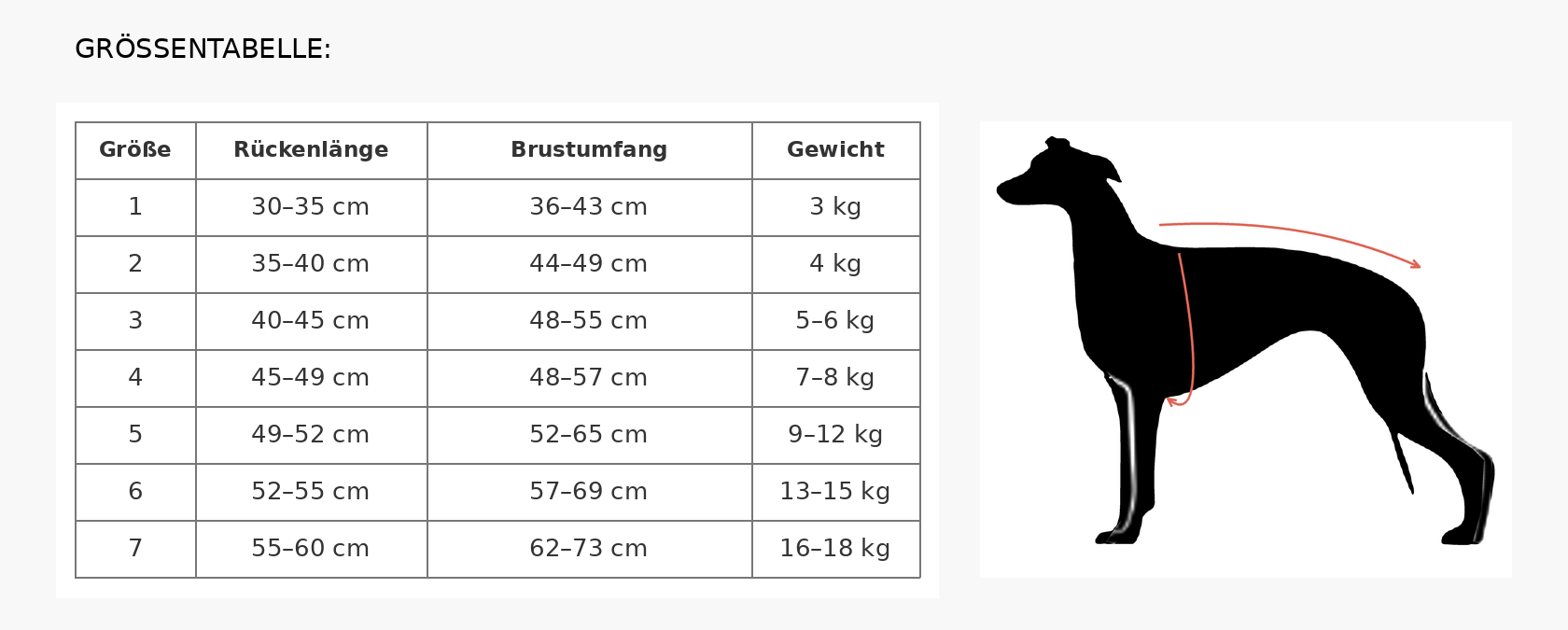 Größentabelle für Windhund-Mäntel