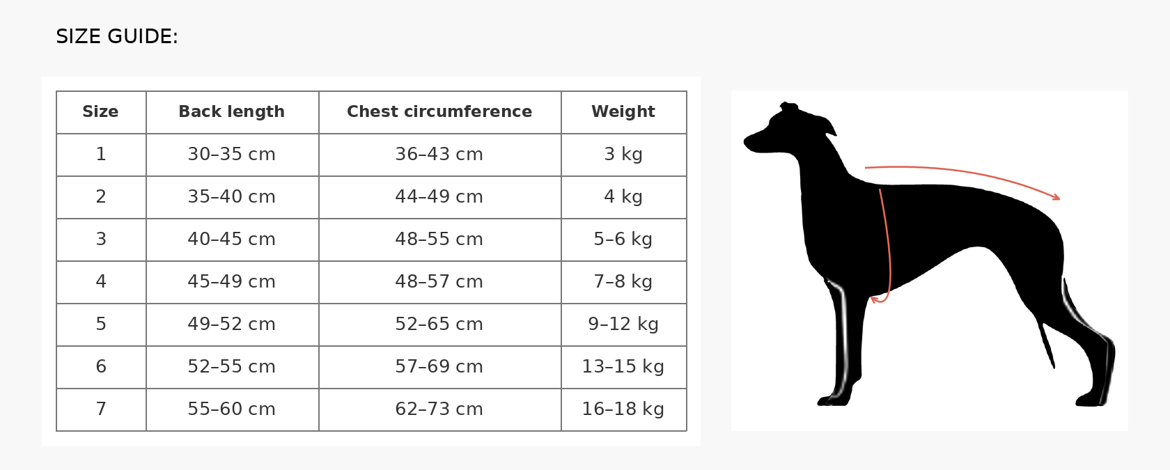 Sighthound coat size guide