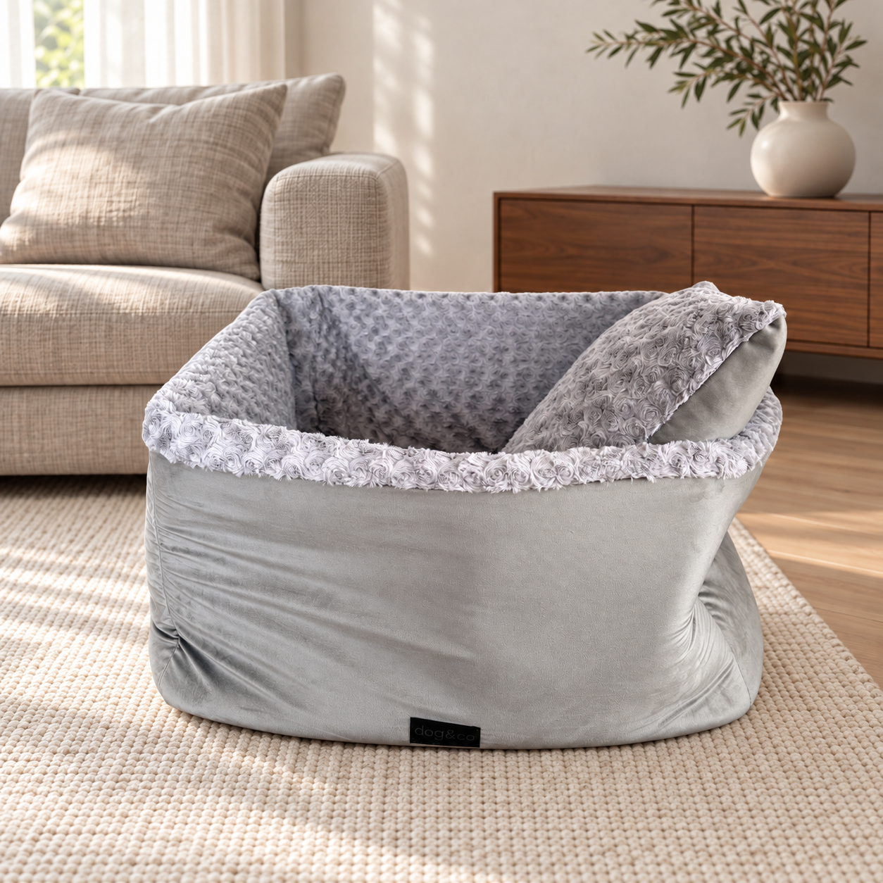 Dogco Cocoon Bed – Velvet Gray | Dog Bed with Folding Sides - Image 2
